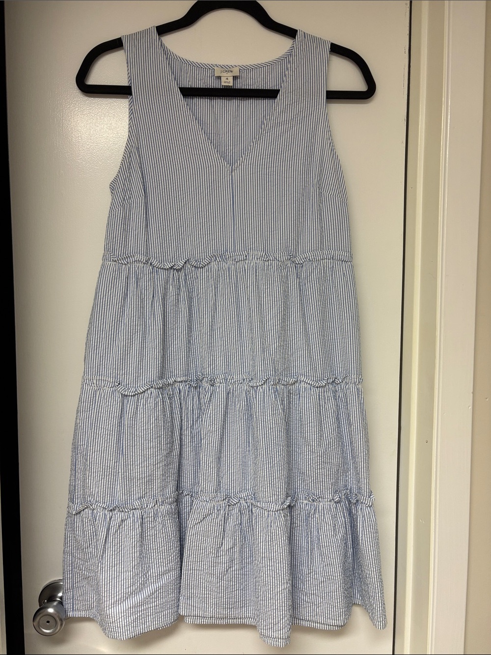 J. Crew Blue and White Striped Sleeveless Tiered Dress